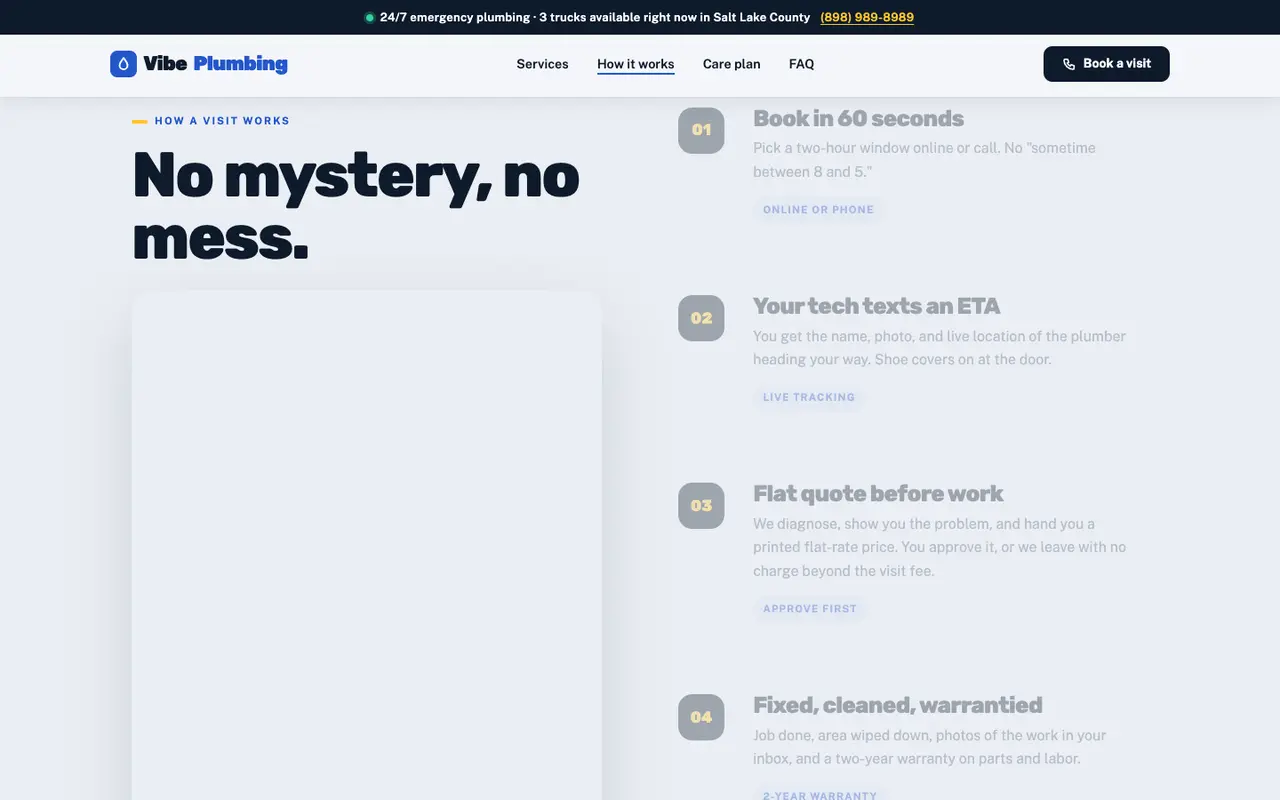 Vibe Plumbing demo process section on a desktop browser