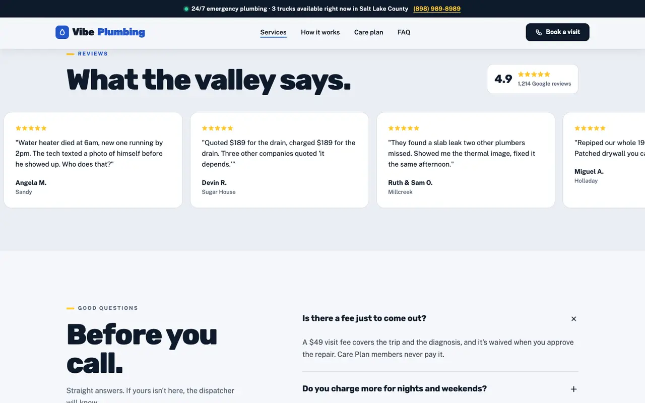 Vibe Plumbing demo reviews section on a desktop browser