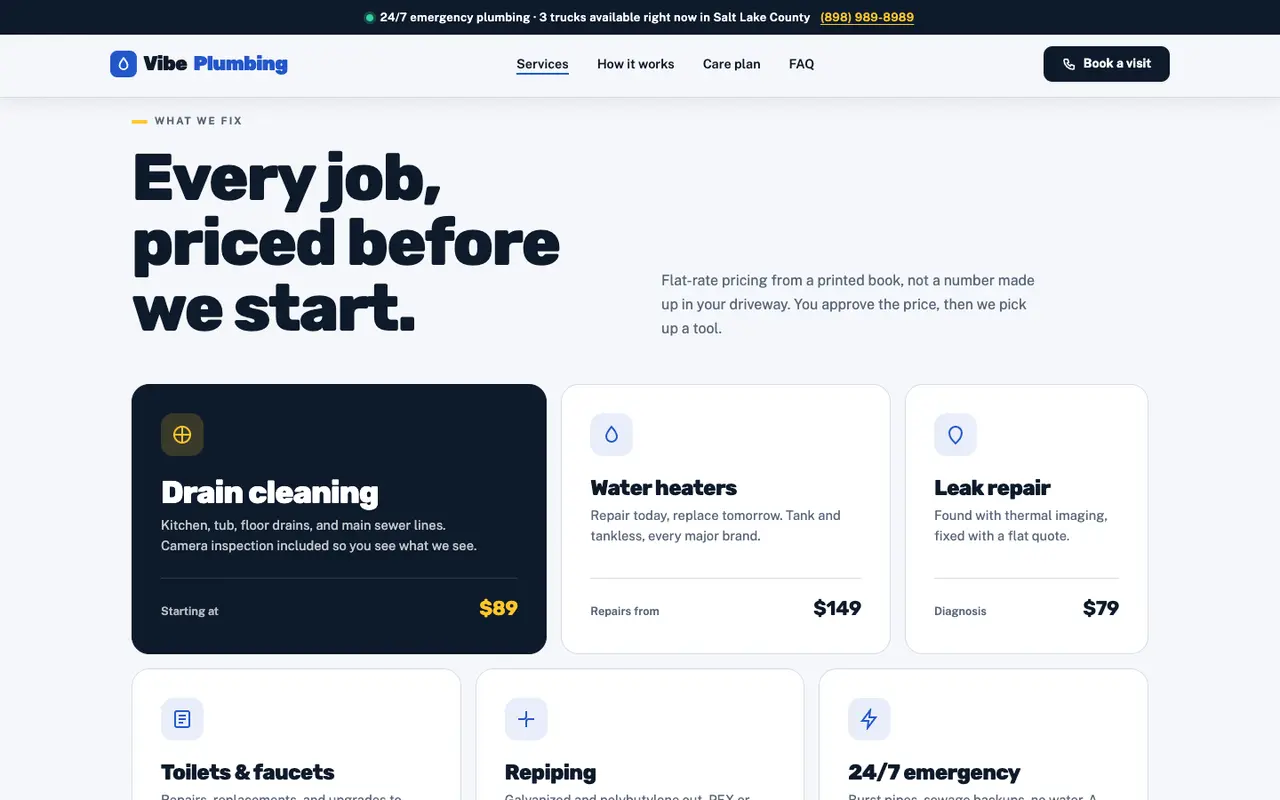 Vibe Plumbing demo services section on a desktop browser