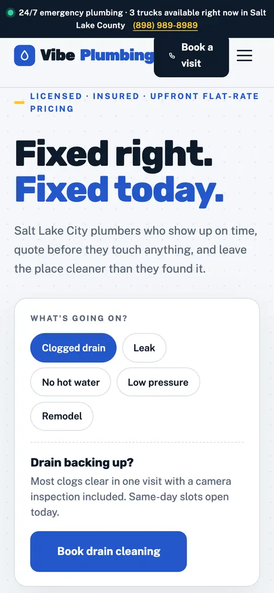 Vibe Plumbing demo homepage on a phone
