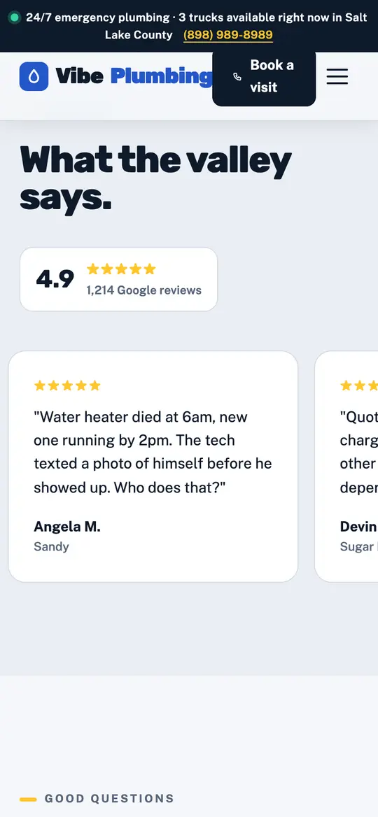 Vibe Plumbing demo reviews section on a phone