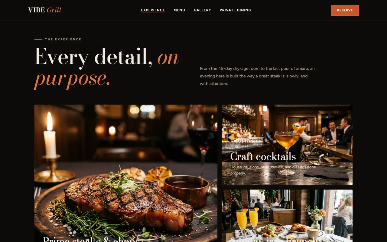 Vibe Grill demo the experience section on a desktop browser