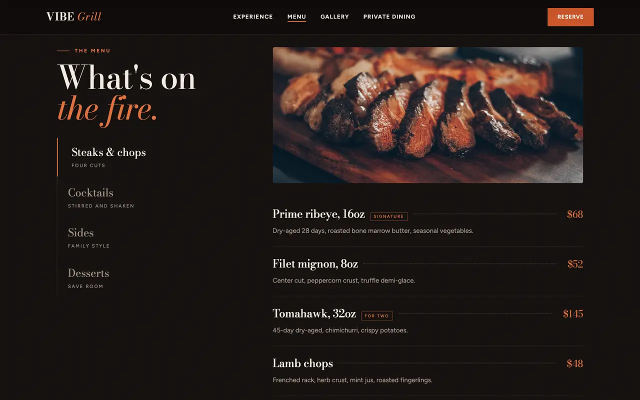 Vibe Grill demo menu section on a desktop browser