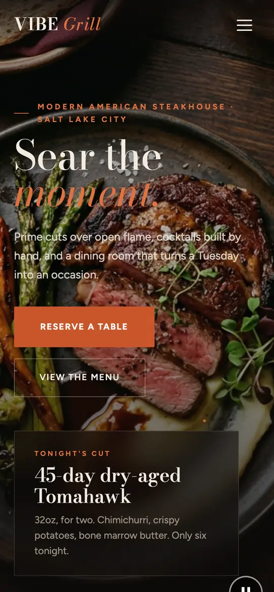 Vibe Grill demo homepage on a phone