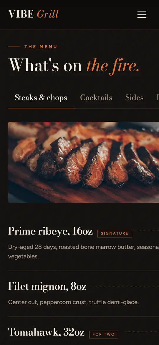 Vibe Grill demo menu section on a phone