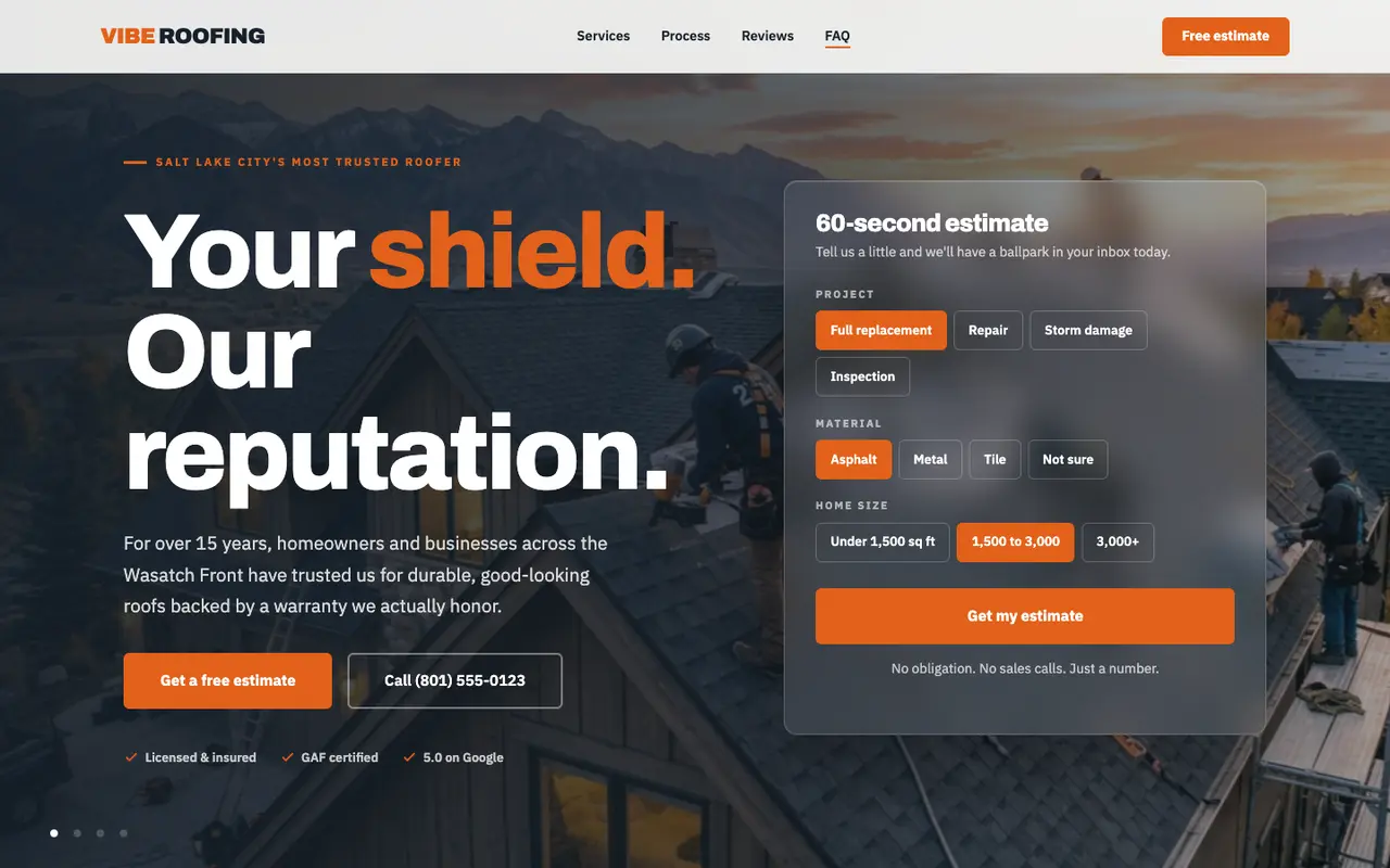 Vibe Roofing demo homepage on a desktop browser