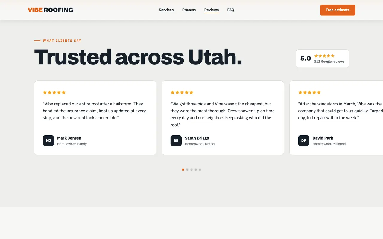 Vibe Roofing demo reviews section on a desktop browser
