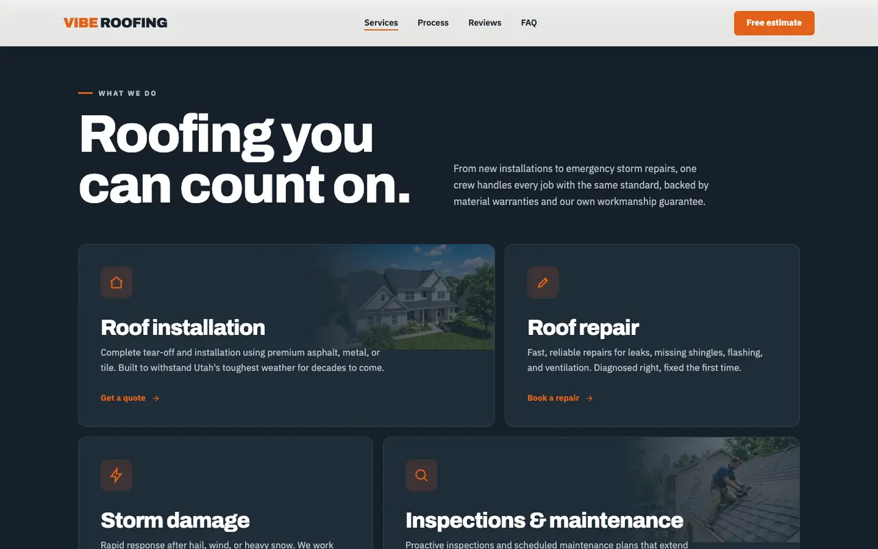 Vibe Roofing demo services section on a desktop browser