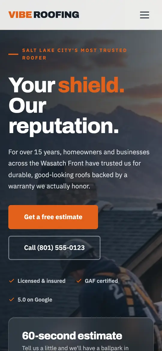 Vibe Roofing demo homepage on a phone
