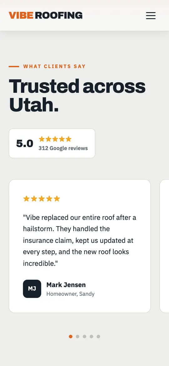 Vibe Roofing demo reviews section on a phone