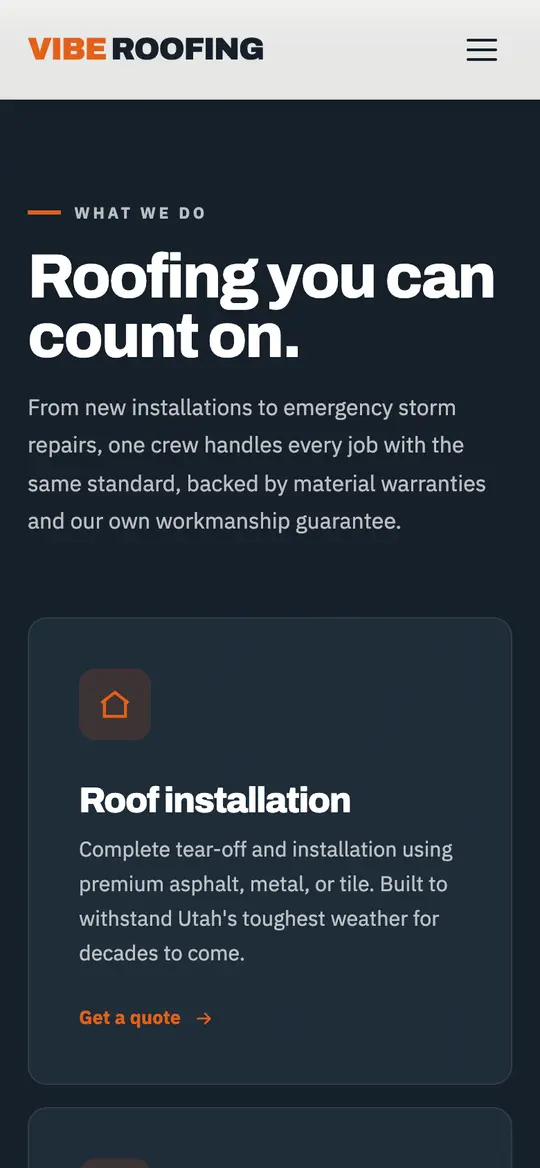 Vibe Roofing demo services section on a phone