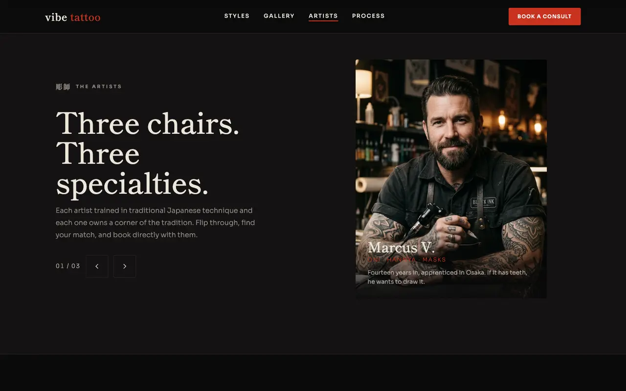 Vibe Tattoo demo artists section on a desktop browser