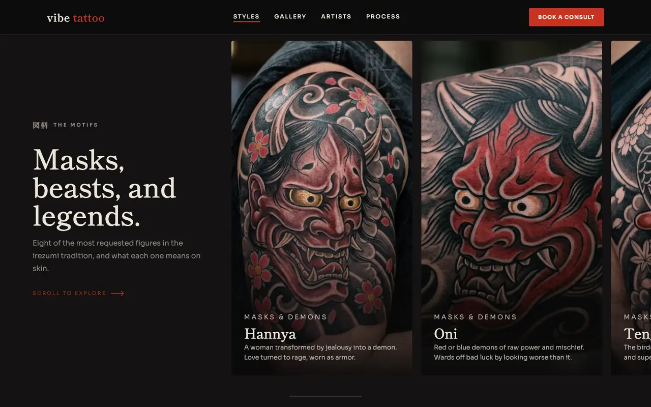 Vibe Tattoo demo portfolio section on a desktop browser