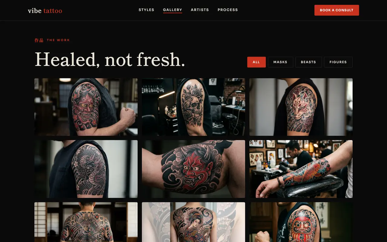 Vibe Tattoo demo gallery section on a desktop browser
