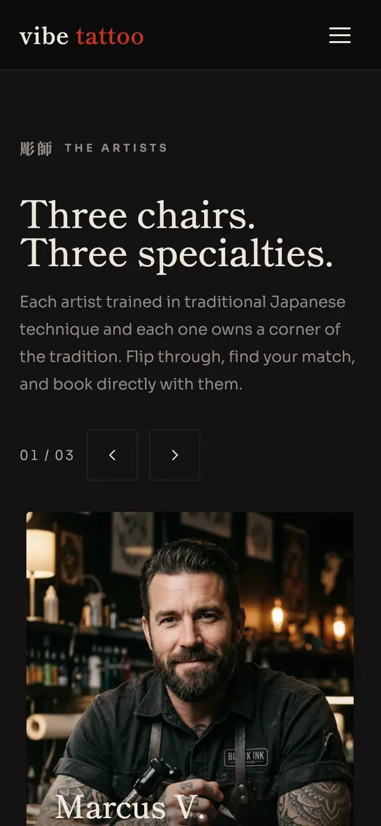 Vibe Tattoo demo artists section on a phone