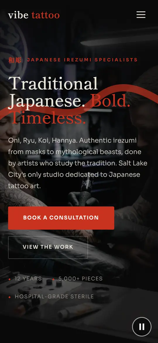Vibe Tattoo demo homepage on a phone