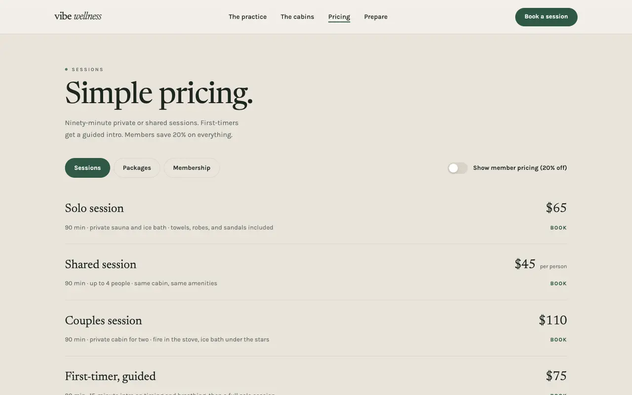 Vibe Wellness demo pricing section on a desktop browser