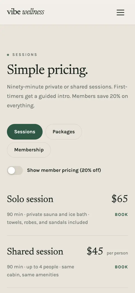Vibe Wellness demo pricing section on a phone