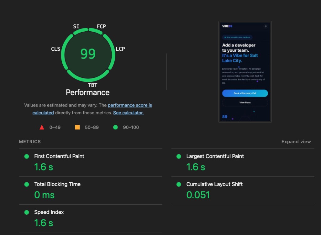Lighthouse performance report showing a 99 score for vibe89.com with green indicators for Speed Index, First Contentful Paint, Largest Contentful Paint, Cumulative Layout Shift, and Total Blocking Time